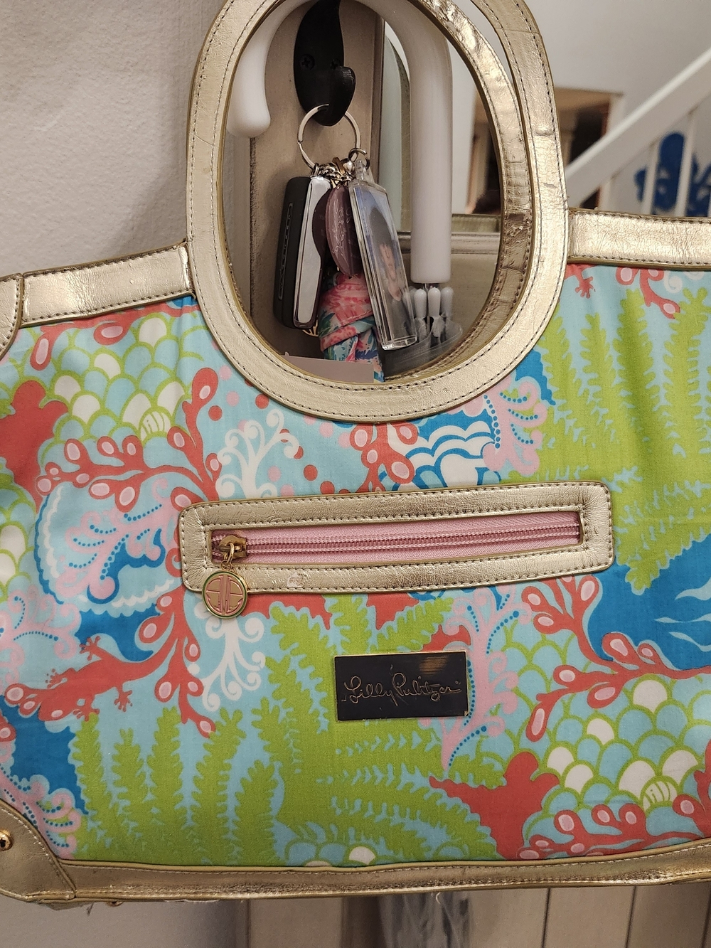Lilly Pulitzer Coral, Aqua & Lime Floral Tote with Gold Trim